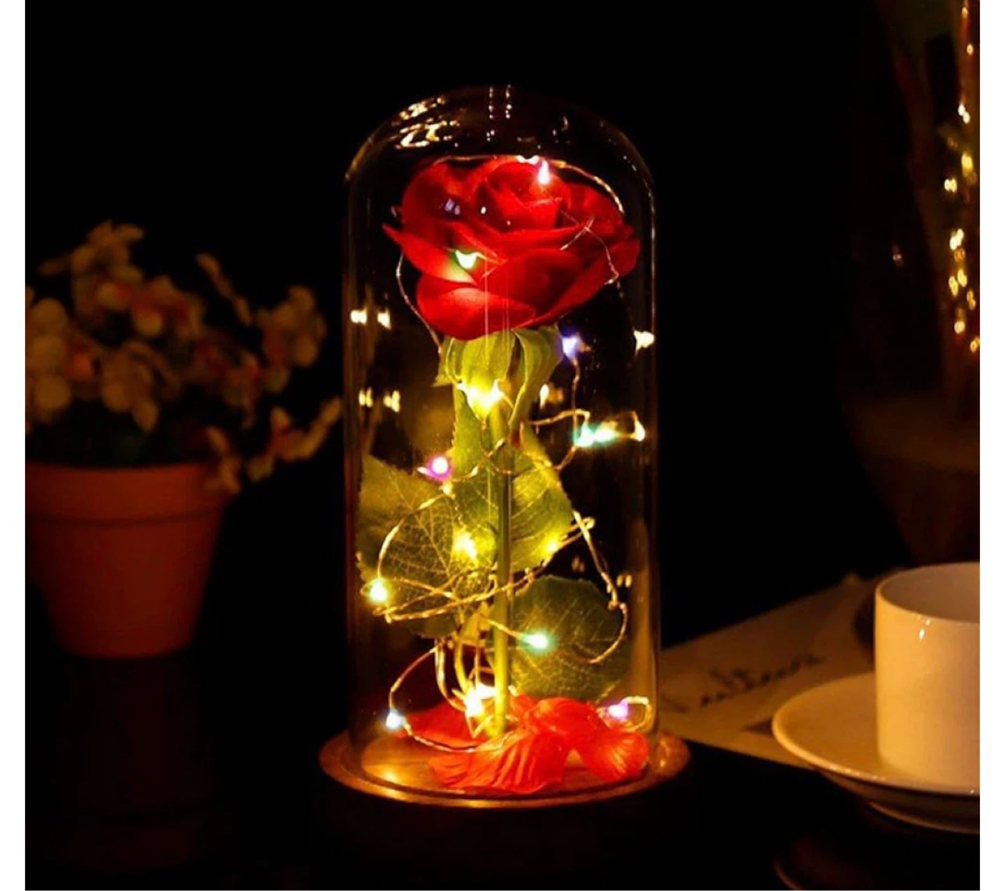 Artificial Rose in Glass Dome with LED Lights