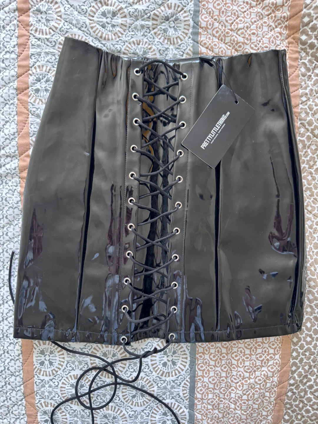 PrettyLittleThing Black Vinyl Lace-Up Mini Skirt