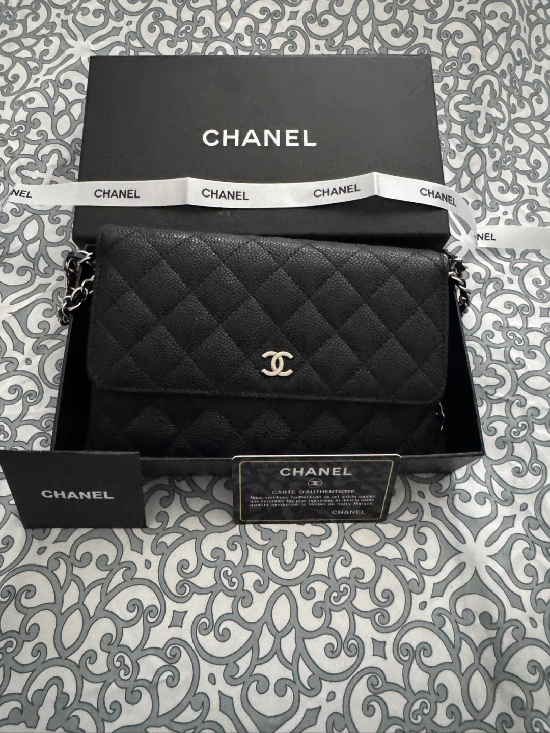 Brand new CC Black Quilted Caviar Leather Wallet On Chain