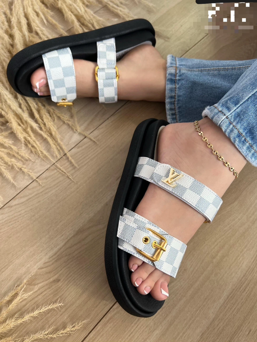 Louis Vuitton Damier Azur Canvas & Leather Slide Sandals
