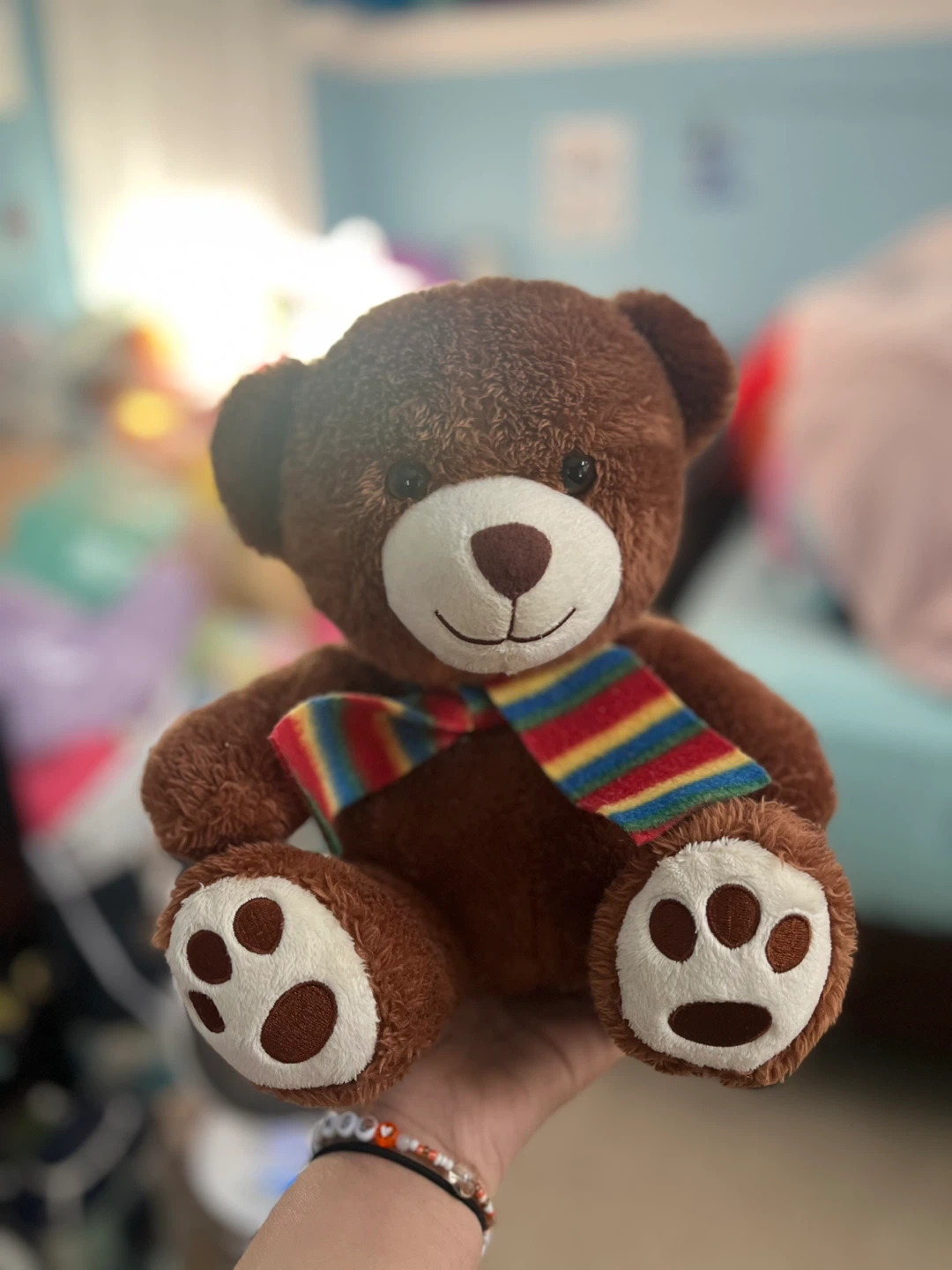 Brown Teddy Bear with Striped Scarf