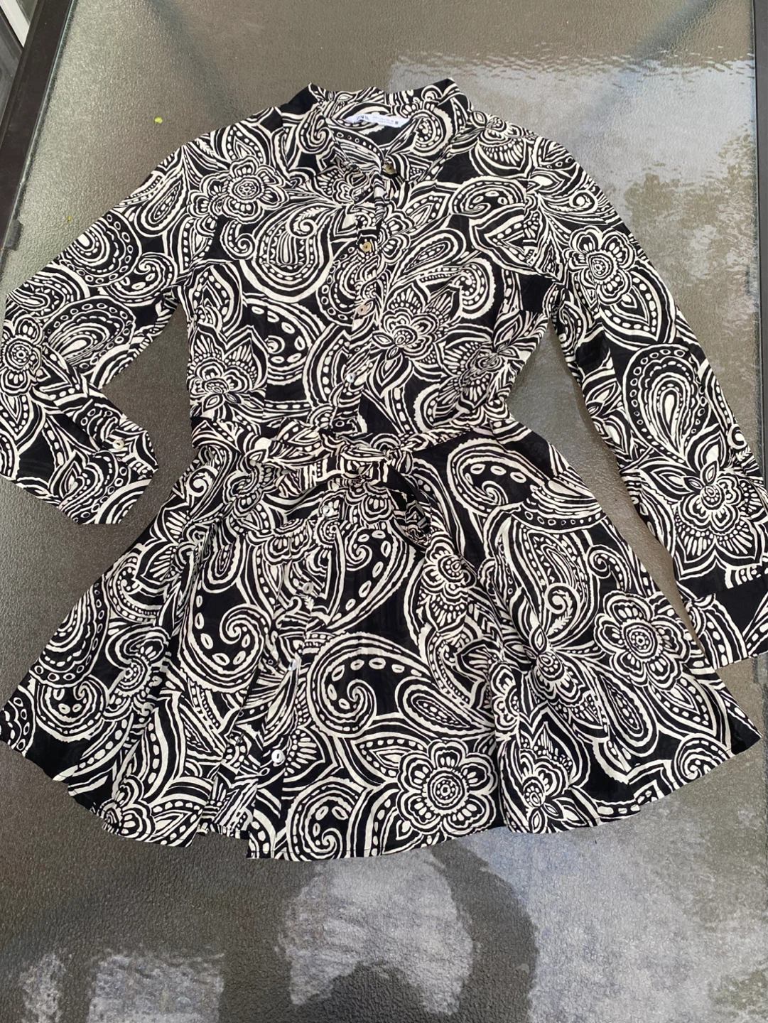 Zara Black and Ecru Paisley Print Belted Skater Shirt Dress, L/M