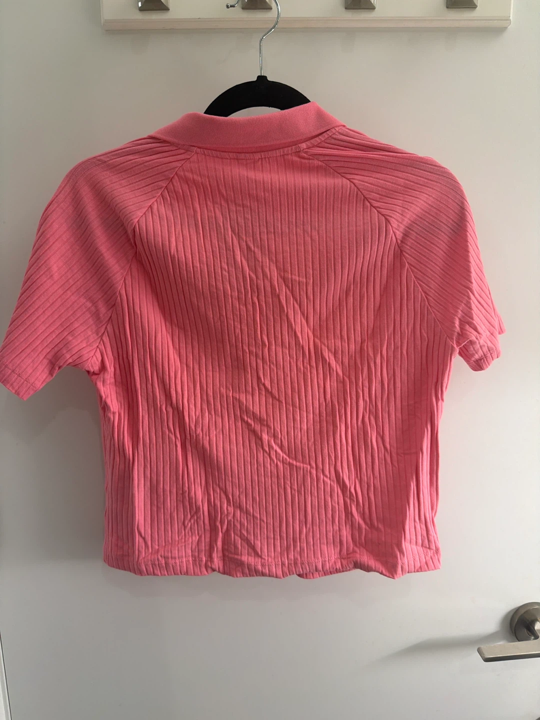 H&M Pink Ribbed Collared Short Sleeve Top - Size L - photo 3