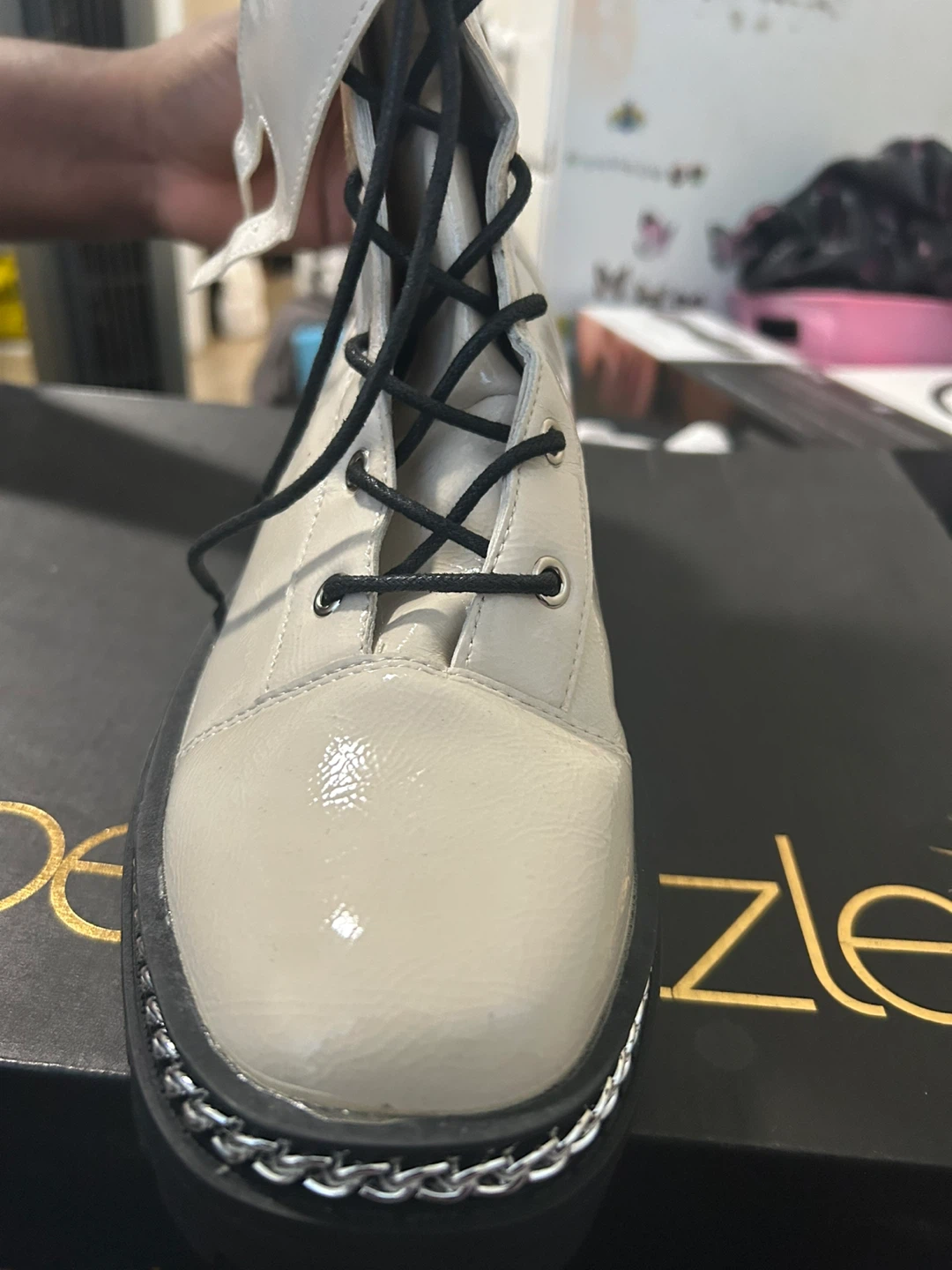 Cream Patent Lace-Up Boots with Chain Detail - photo 4