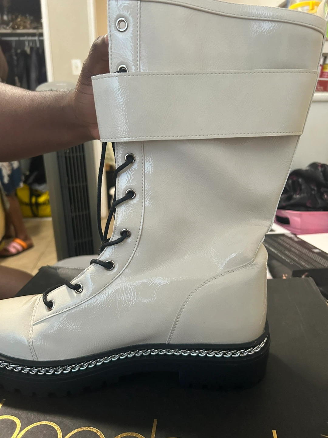 Cream Patent Lace-Up Boots with Chain Detail - photo 2