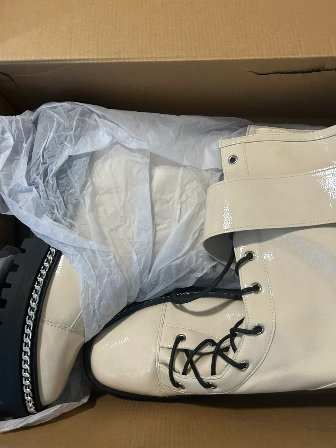 Cream Patent Lace-Up Boots with Chain Detail