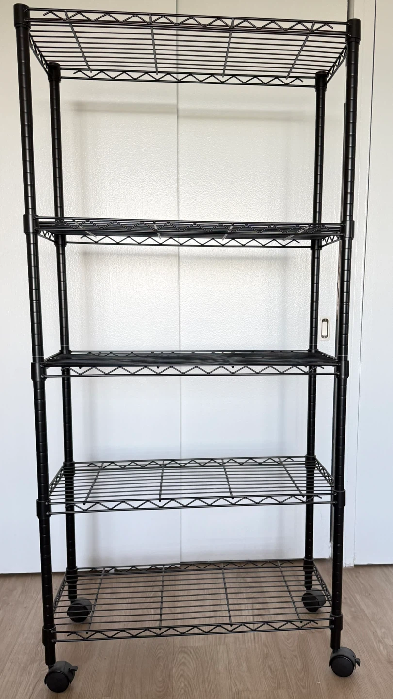 5-Tier Black Wire Shelving Unit with Wheels