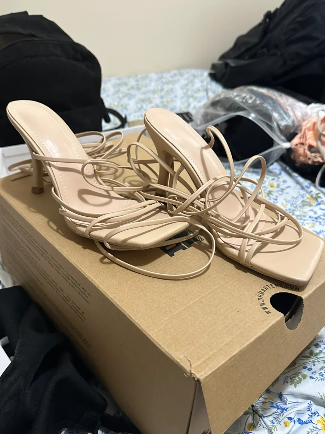 Women's Beige Strappy Square Toe Heels