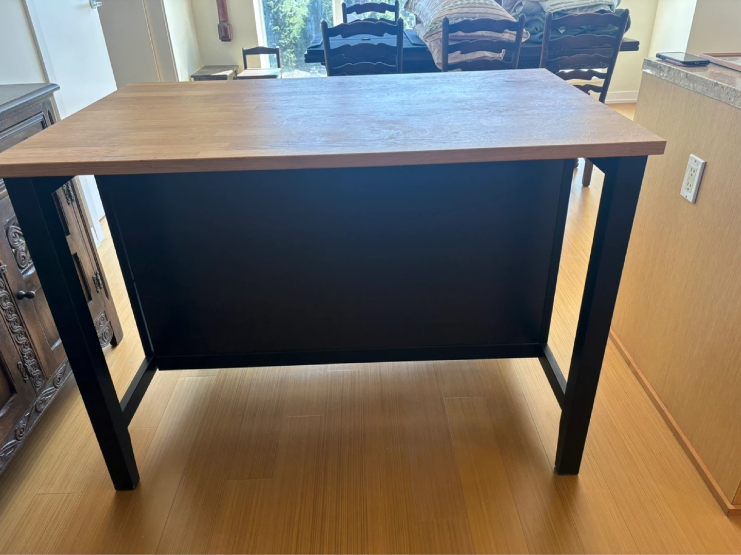 Wooden Top Kitchen Island with Black Shelving