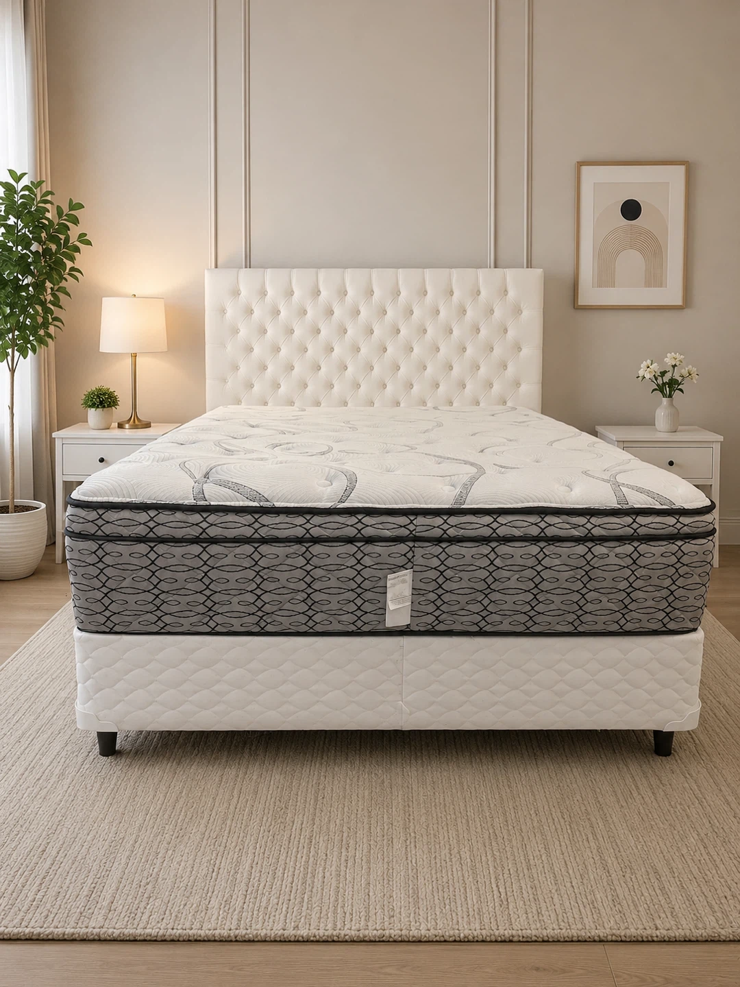 White Tufted Headboard & Queen Mattress Set – Complete Set