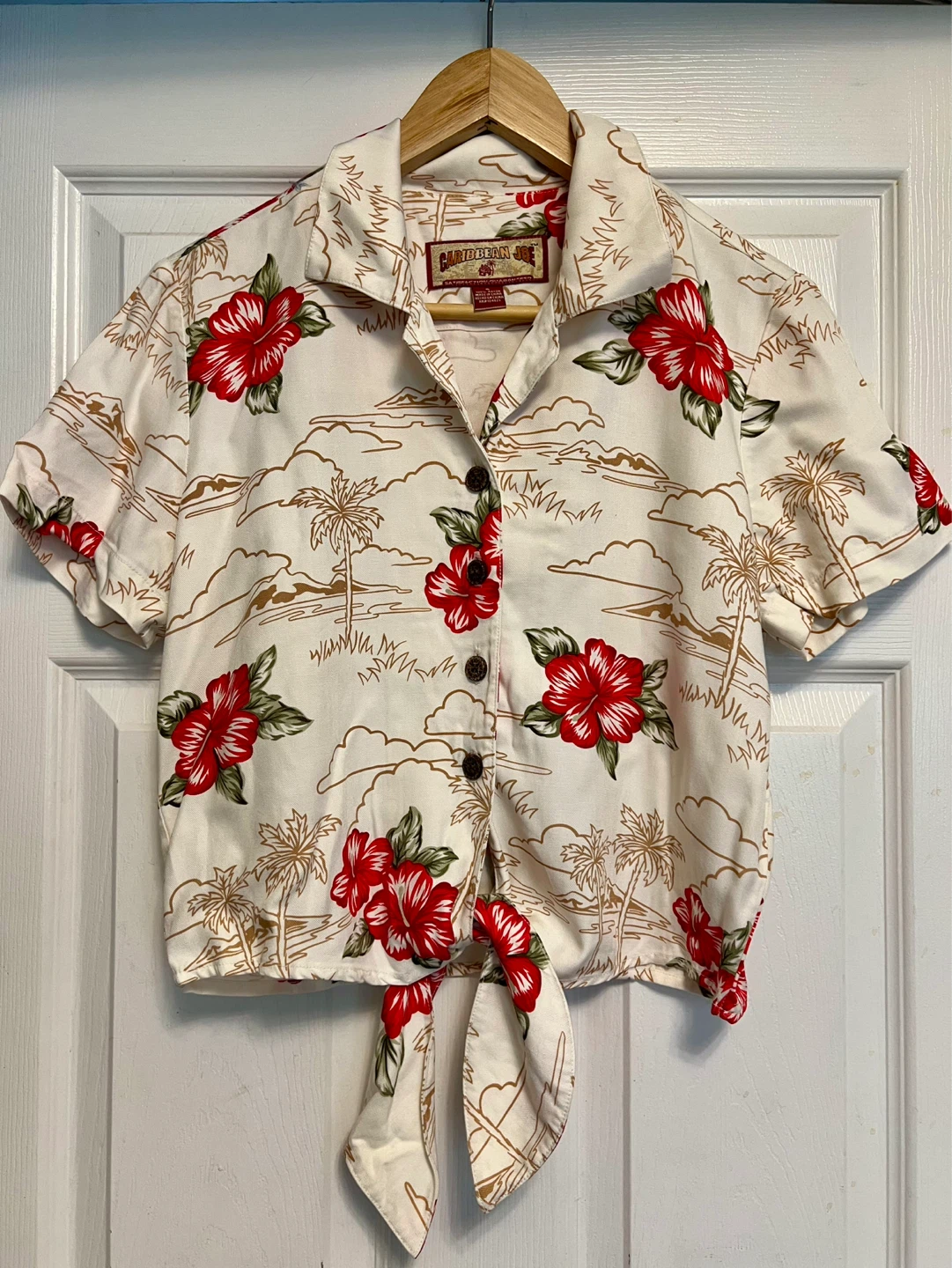 Caribbean Joe Hawaiian Print Tie-Front Shirt