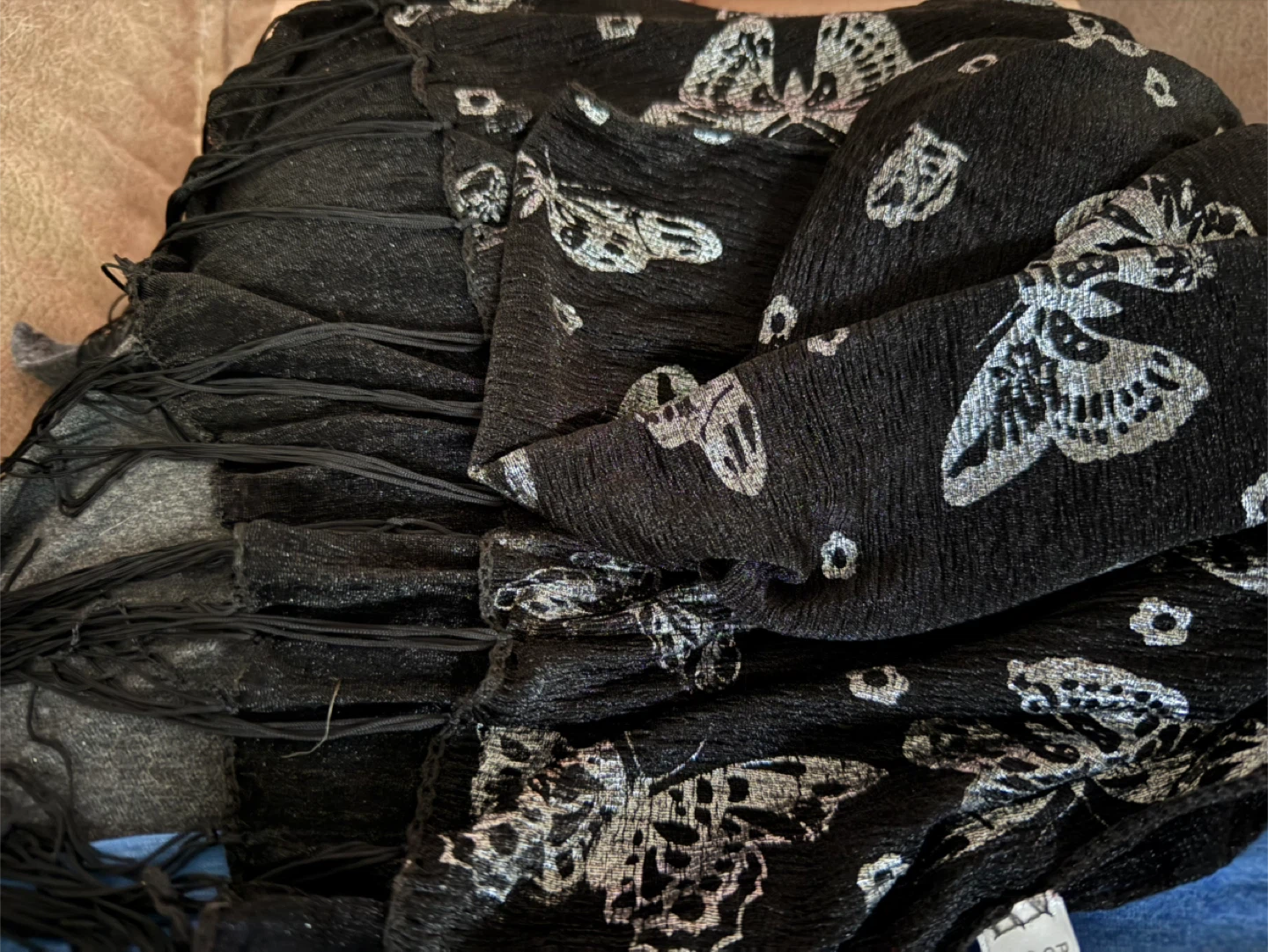Black scarf with butterfly print and fringe