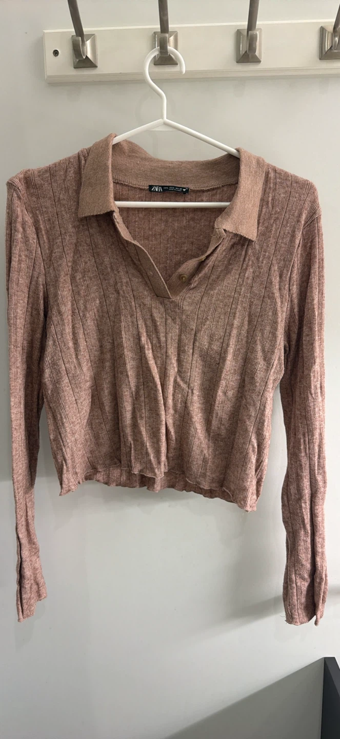 ZARA Ribbed Collared Crop Top - Pink sz L - photo 2