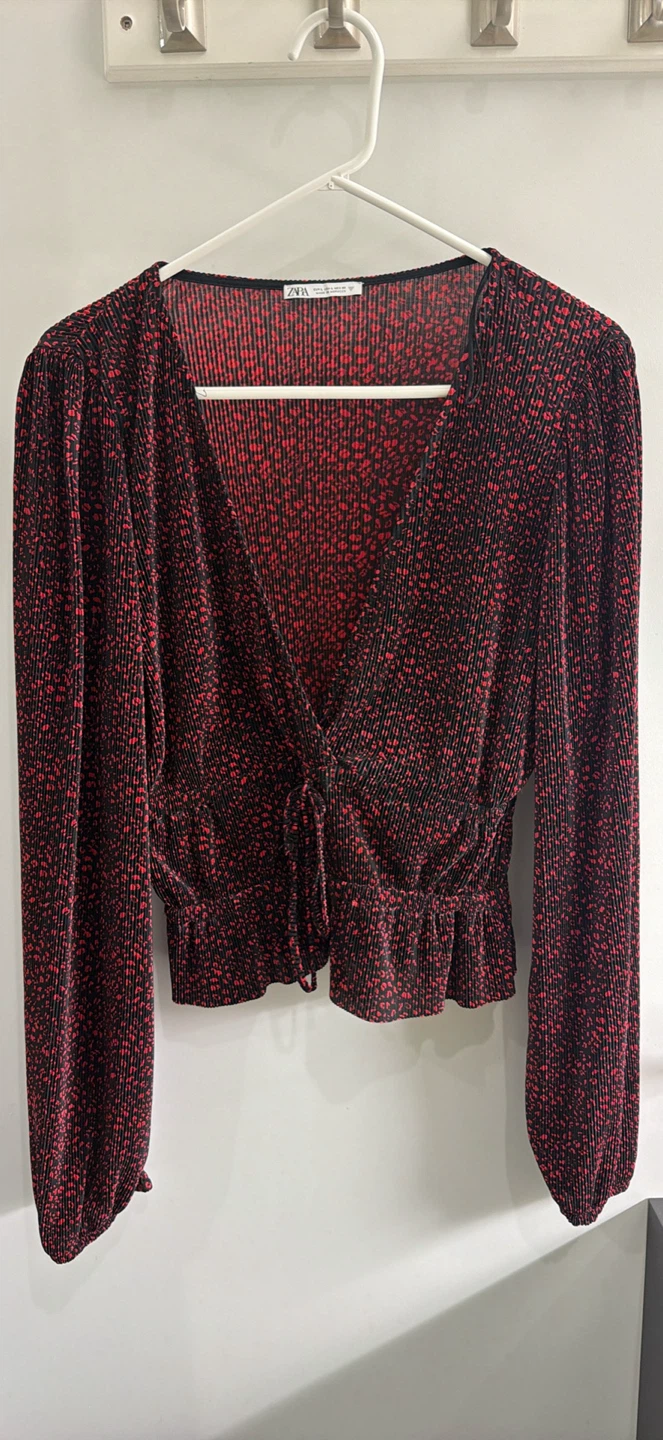 ZARA Black & Red Floral Print Plunging Neckline Top