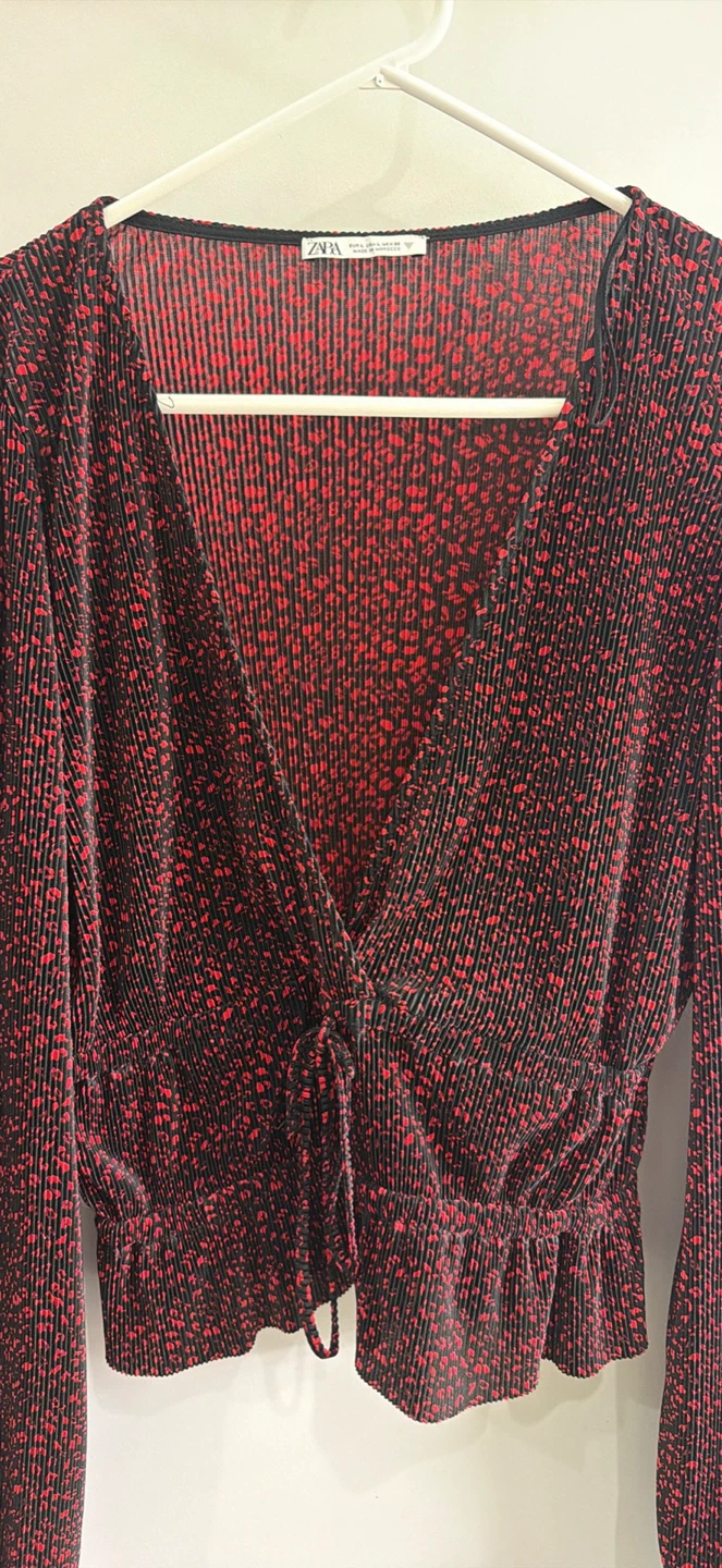 ZARA Black & Red Floral Print Plunging Neckline Top - photo 3