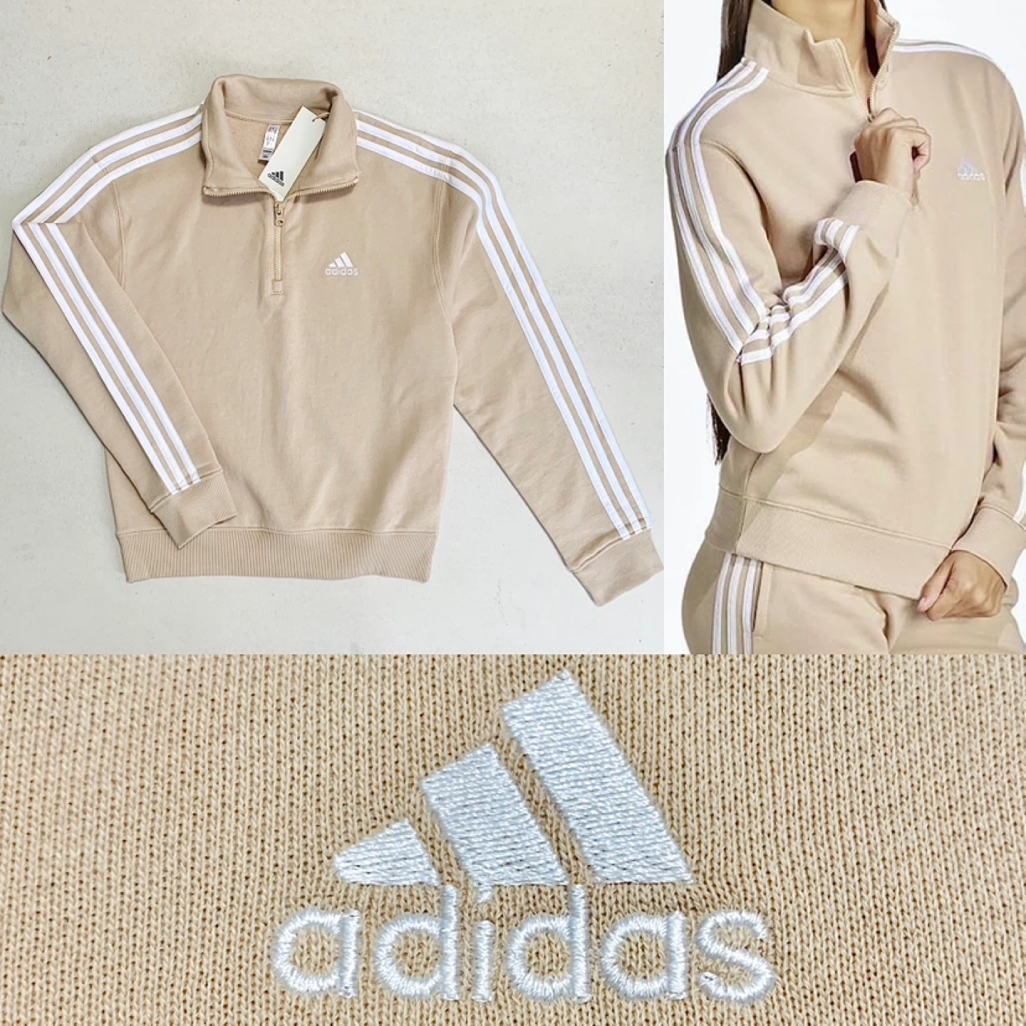 Adidas Womens 3-Stripes Sweater Size S/M/L/XL Quarter Zip NEW