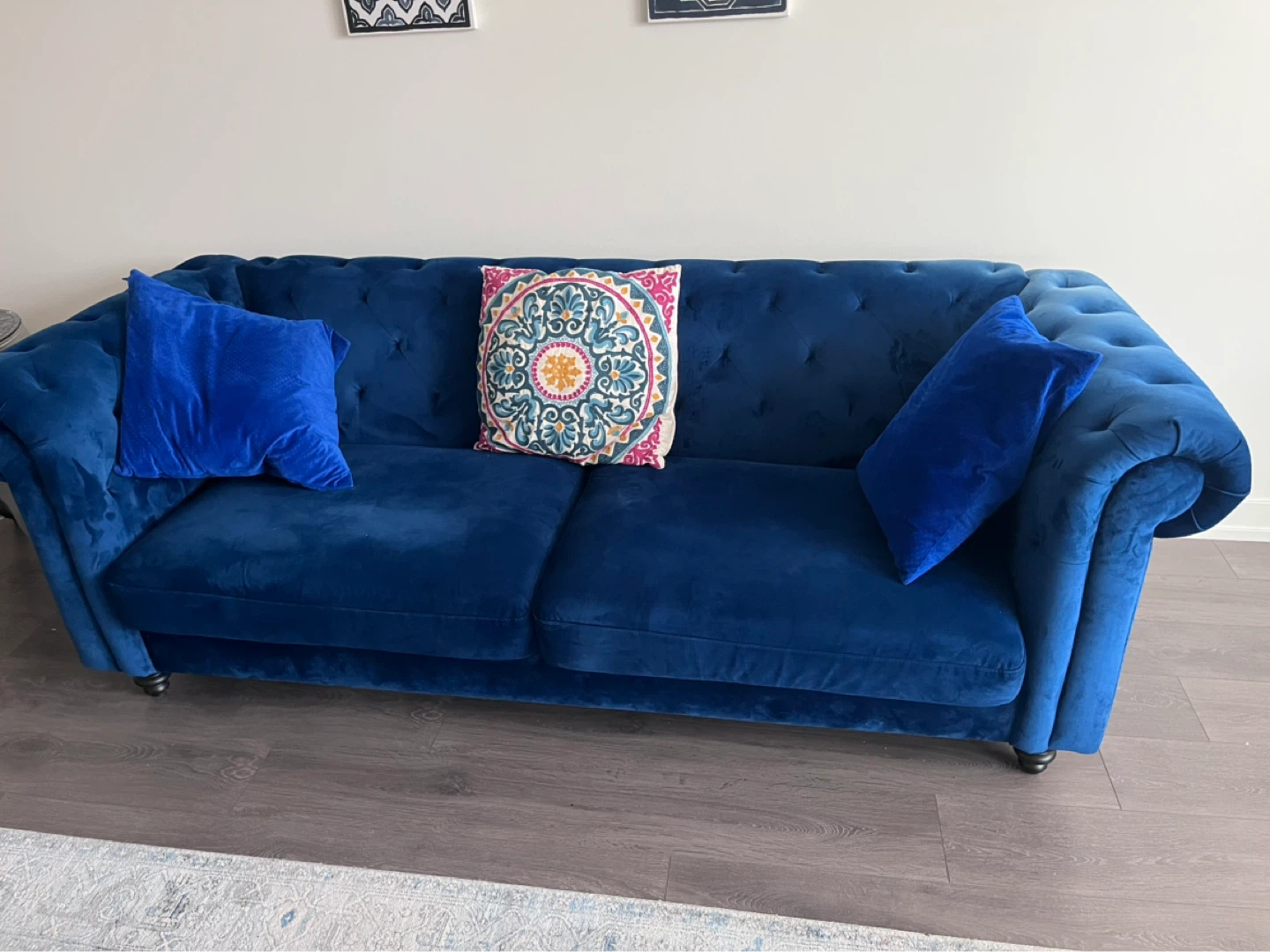 Deep Blue Velvet Tufted Sofa with Accent Pillows