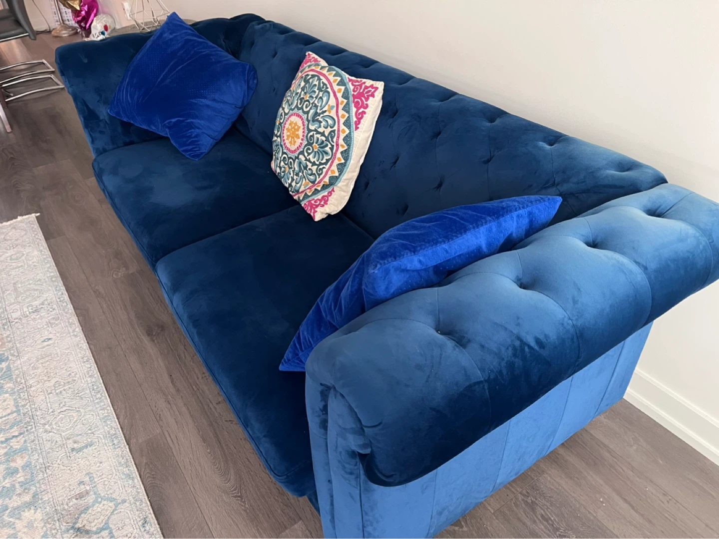 Deep Blue Velvet Tufted Sofa with Accent Pillows - photo 2