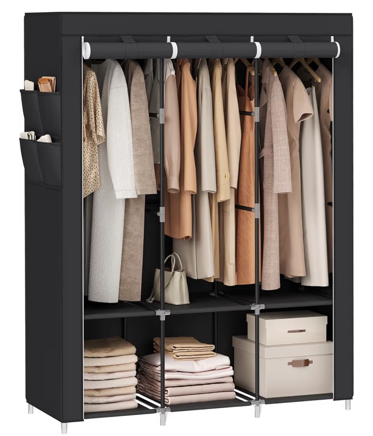 Black Portable Wardrobe Closet with Hanging Rods and Shelves