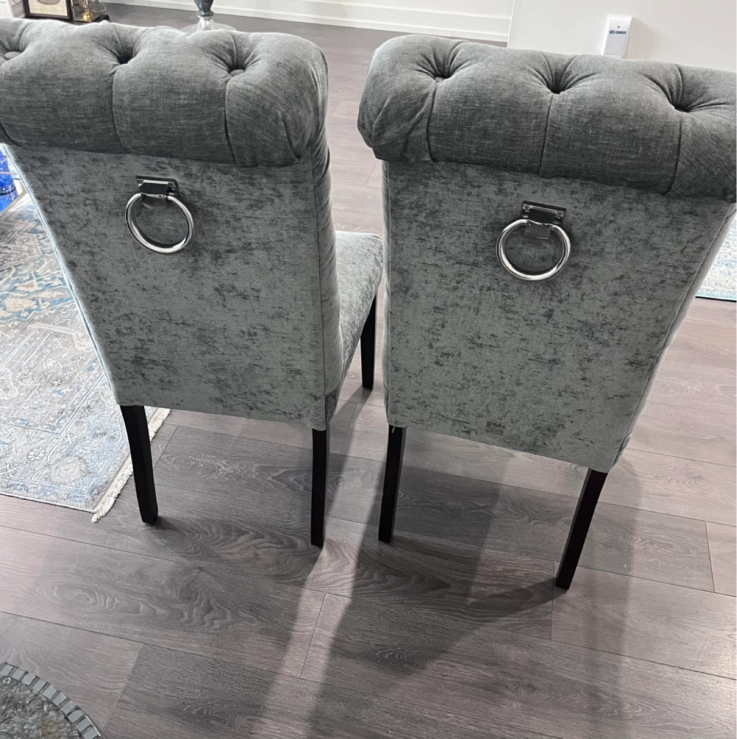 Set of 2 Grey Tufted Dining Chairs with Ring Pulls