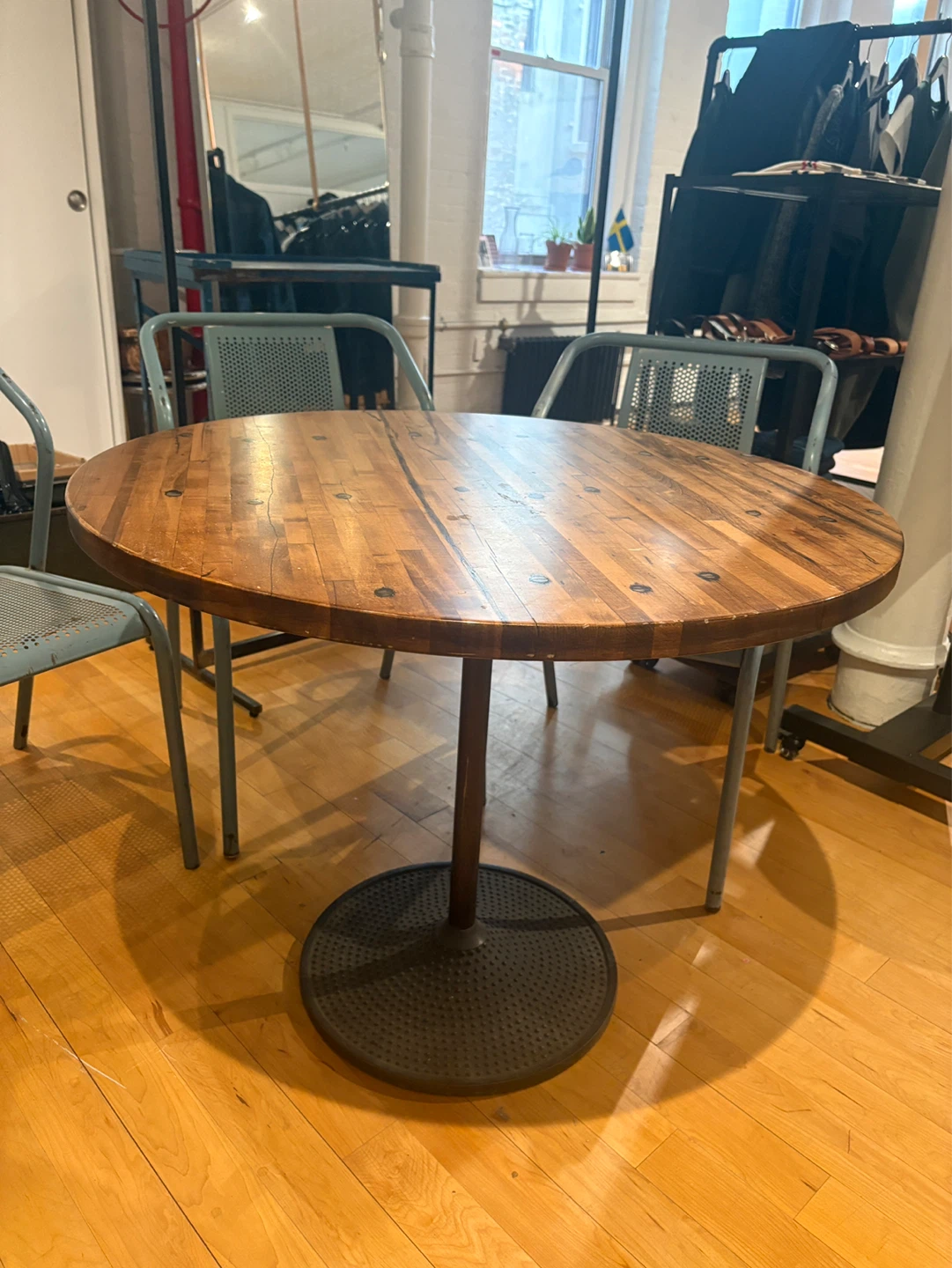 Round Butcher Block Dining Table with Metal Base