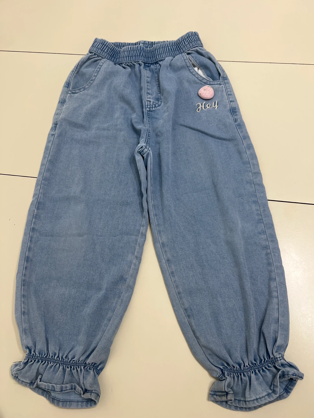 Girls' Light Wash Denim Pants with "Hey" Embroidery