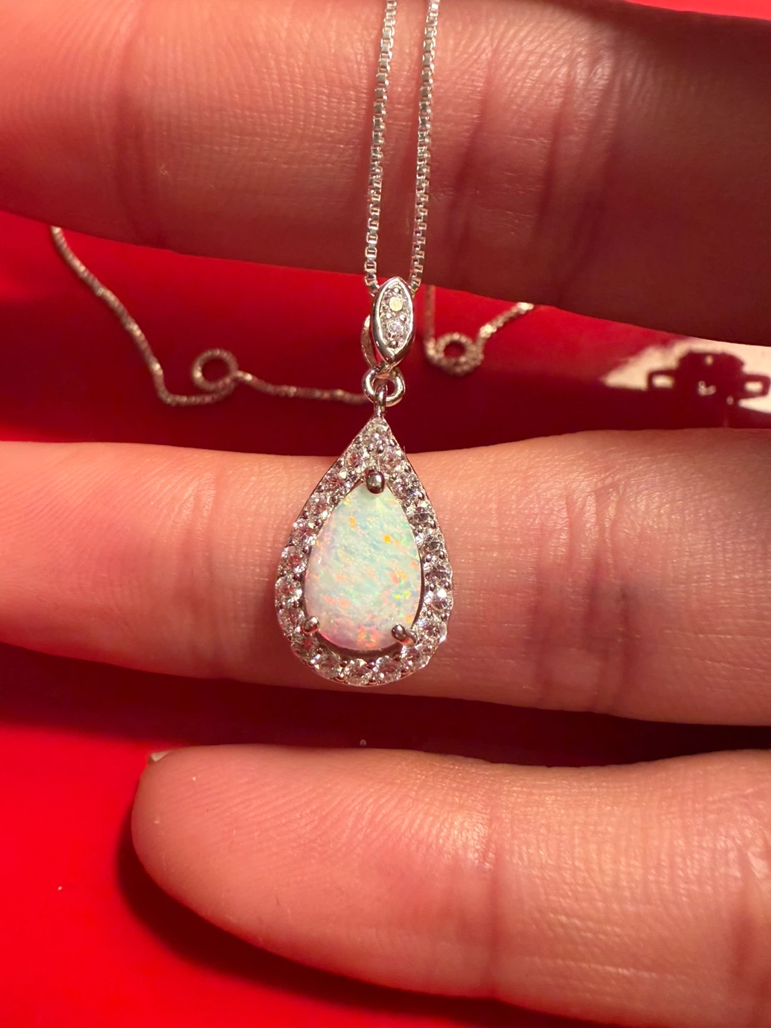 Sterling Silver Teardrop Opal & Moissanite Necklace - photo 3
