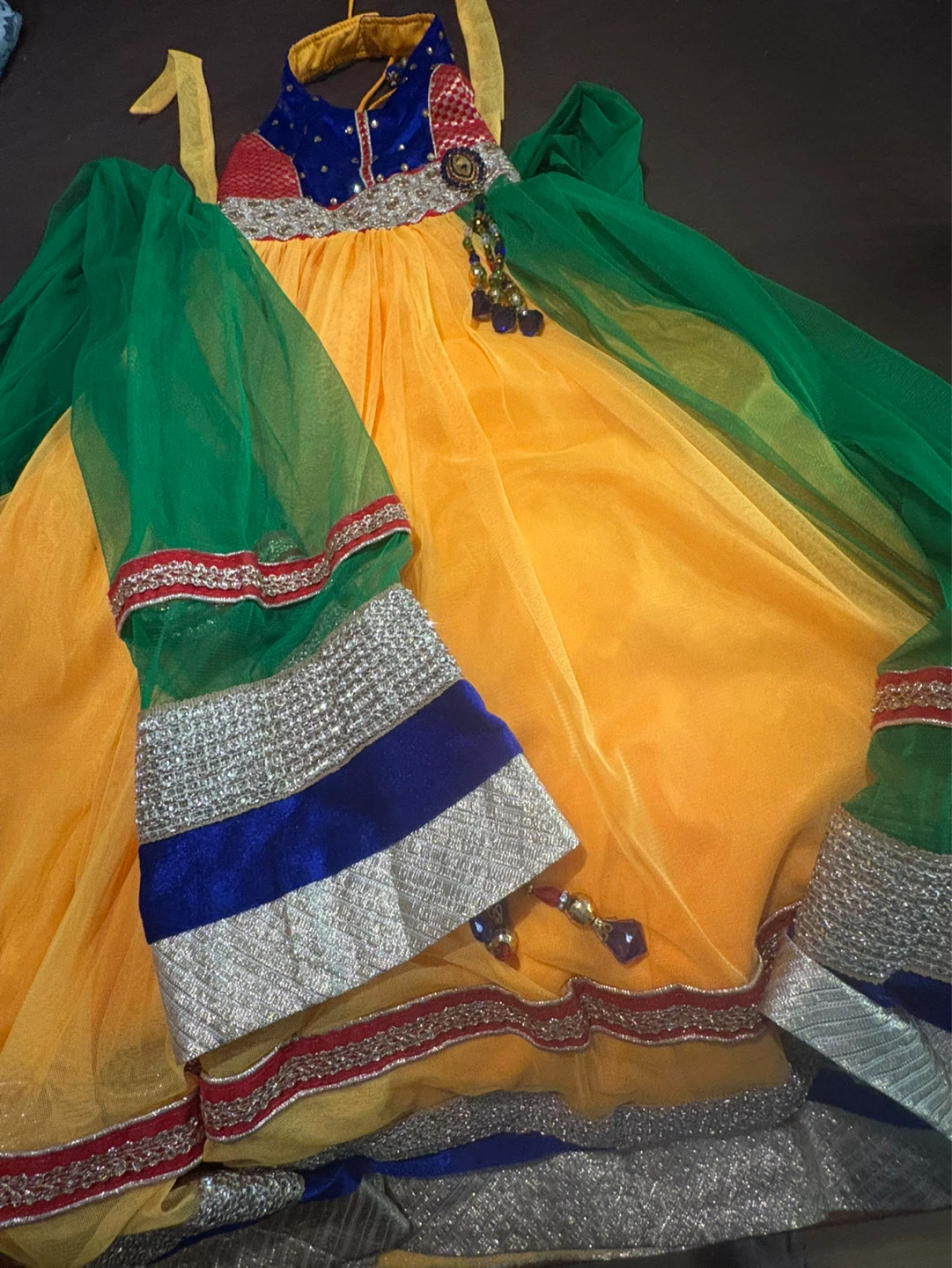 Children's Orange and Yellow Dress with Green Scarf - photo 2