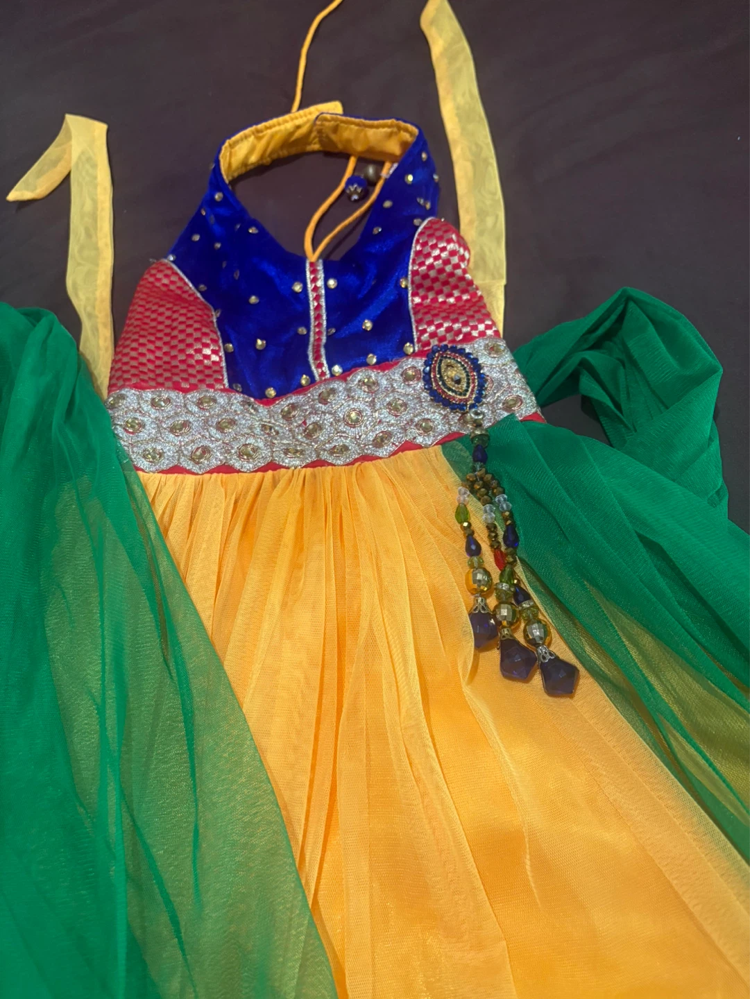 Children's Orange and Yellow Dress with Green Scarf - photo 3