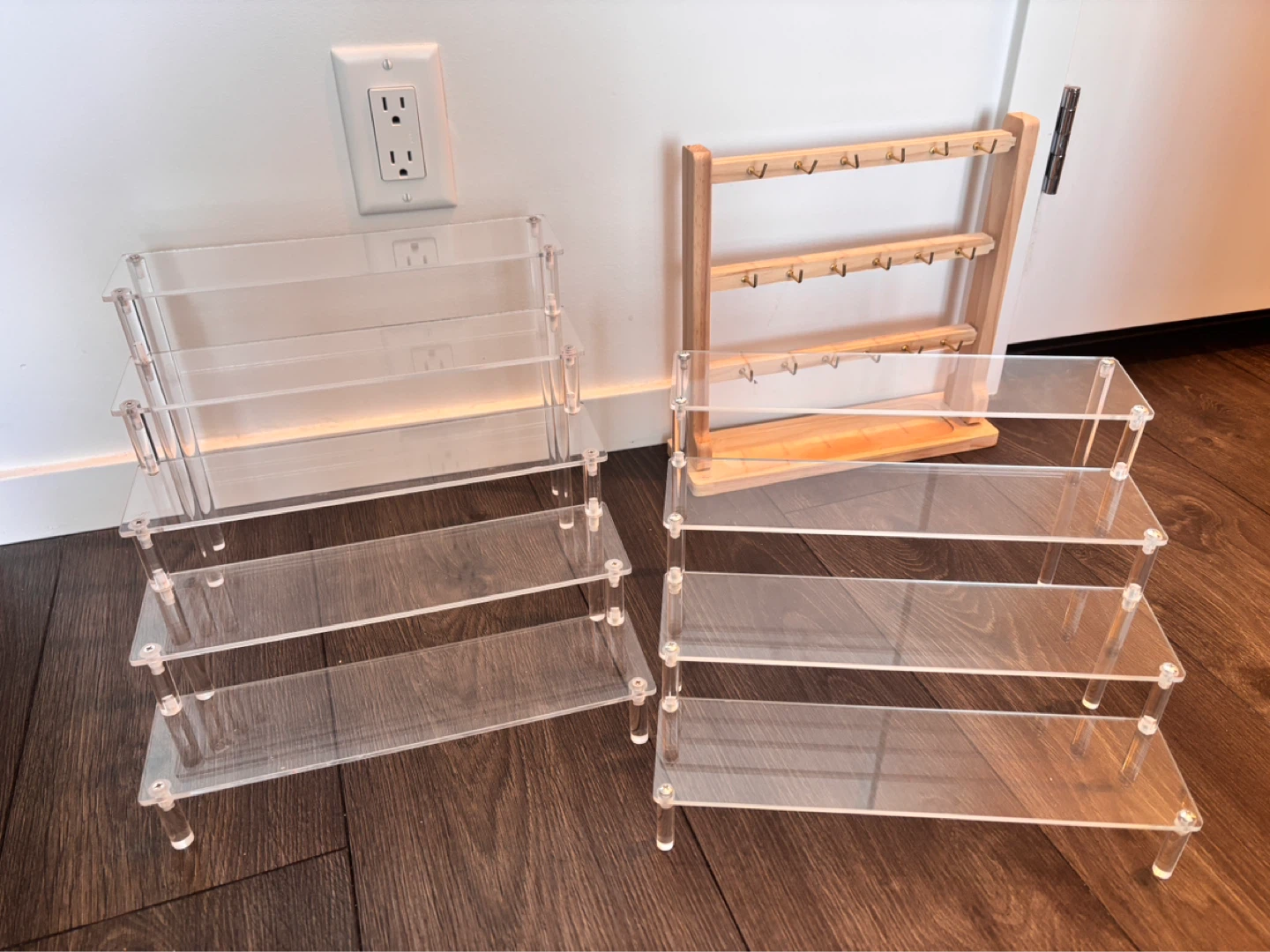 Acrylic Tiered Display Stands and Wooden Jewelry Organizer