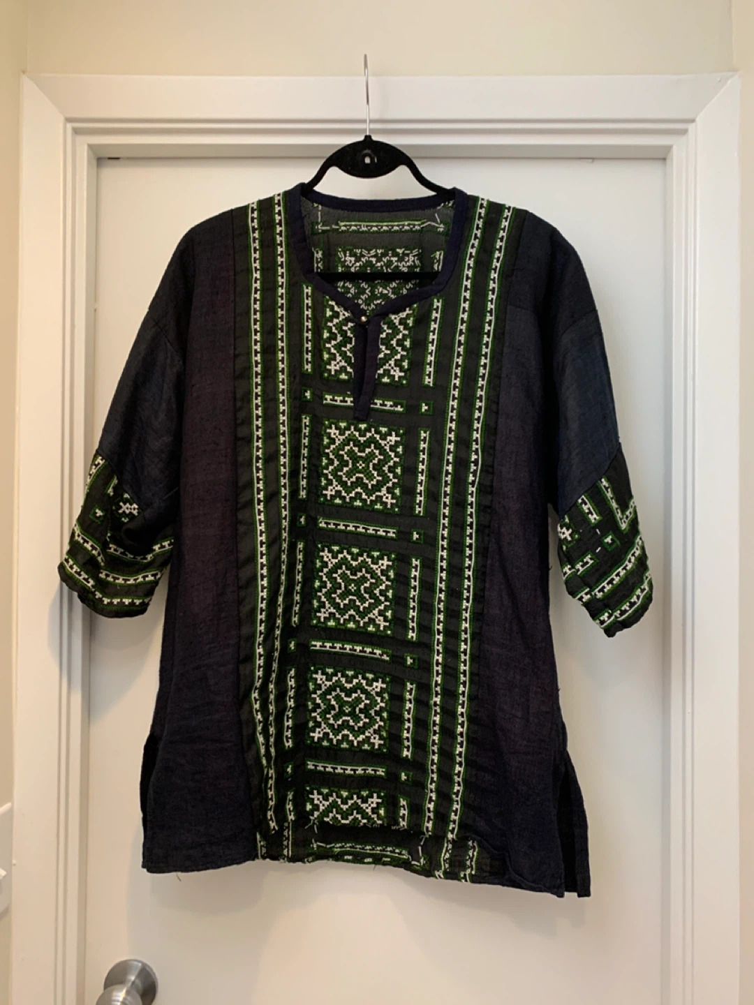 Linen Embroidered Tunic Top - Black & Green