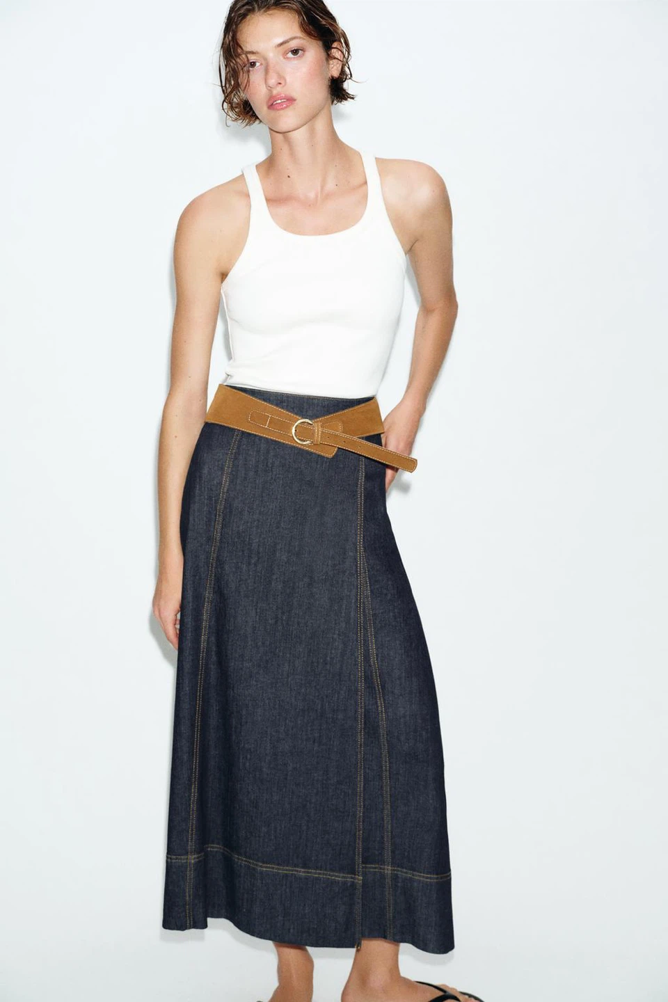Zara Denim Maxi Skirt with Suede Belt