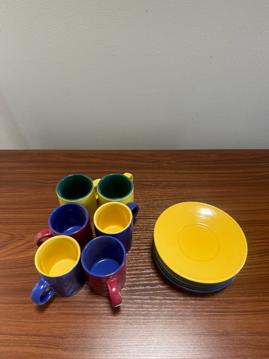 Set of 6 colorful espresso cups and saucers