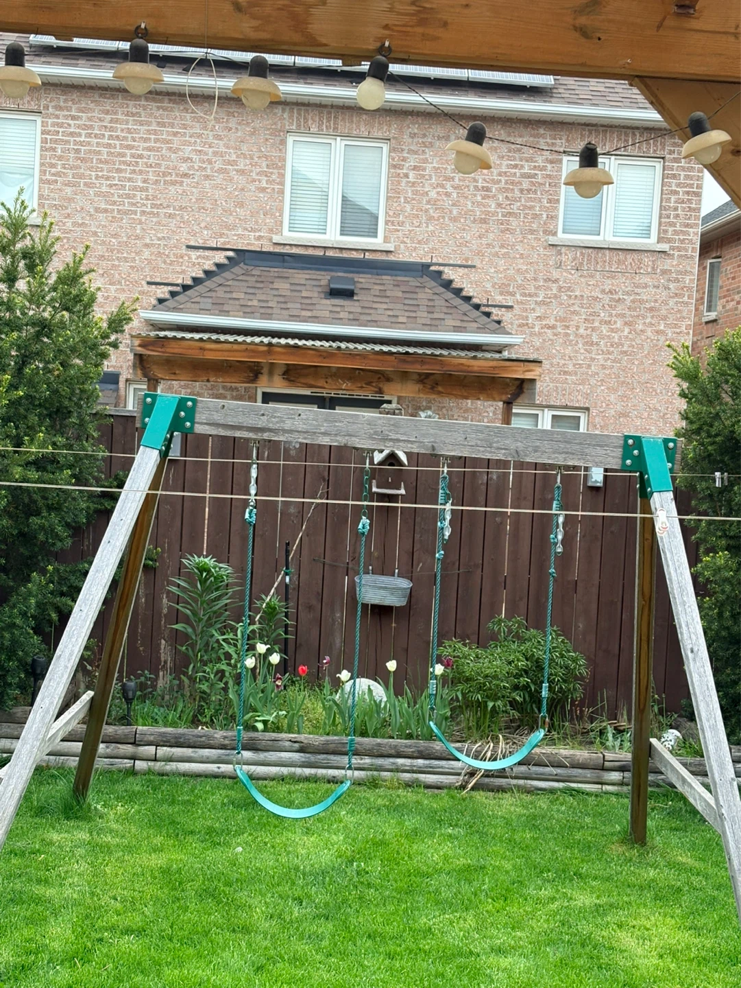 Wooden Swing Set with 2 Green Swings