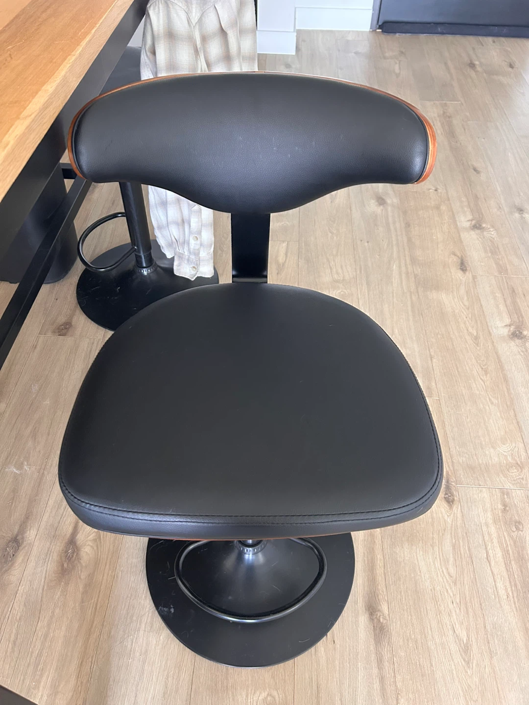 Set of 2 Adjustable Black Swivel Bar Stools with Wood Accents