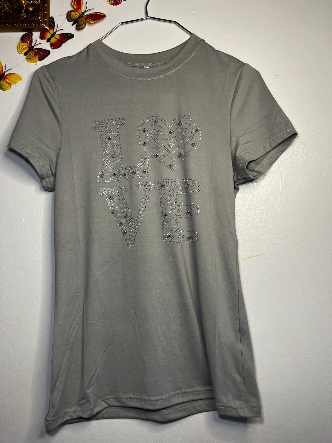 BUZZ Women's Gray LOVE Rhinestone T-Shirt