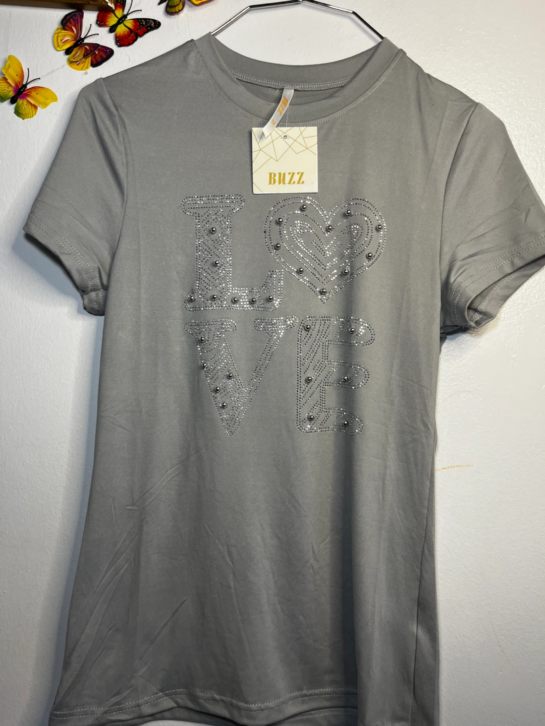 BUZZ Women's Gray LOVE Rhinestone T-Shirt - photo 2