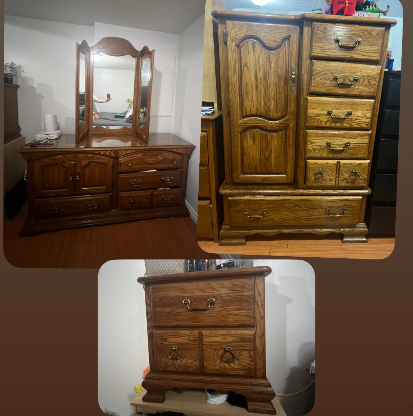 Solid Oak Bedroom Set - Dresser with Mirror, Wardrobe Chest.