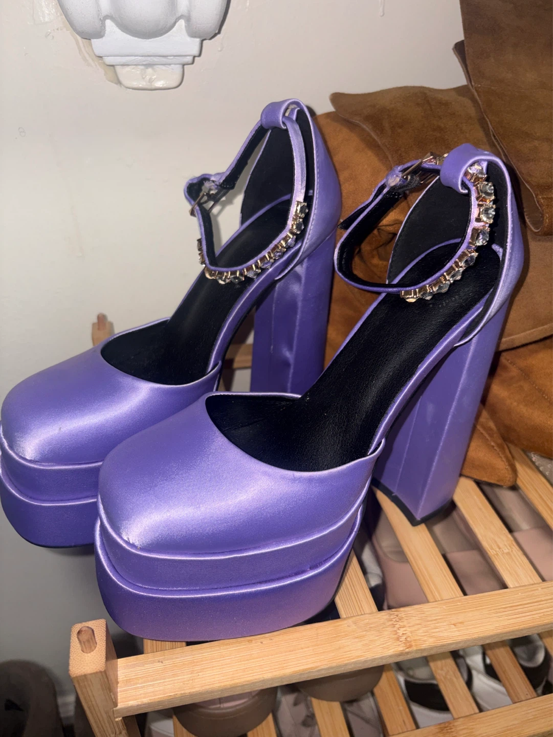 Purple Platform Heels with Rhinestone Ankle Strap
