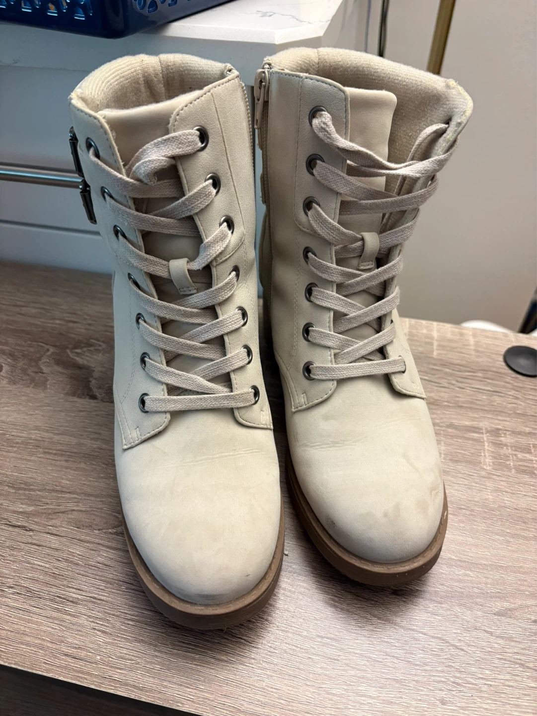 Cream Lace-Up Combat Boots with Buckles - photo 3