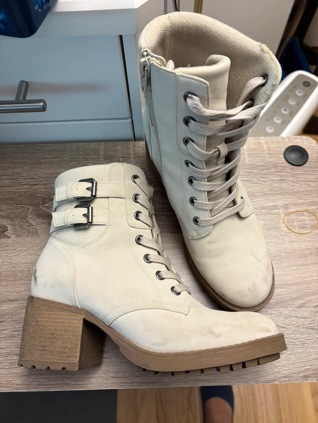 Cream Lace-Up Combat Boots with Buckles