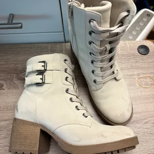 Cream Lace-Up Combat Boots with Buckles