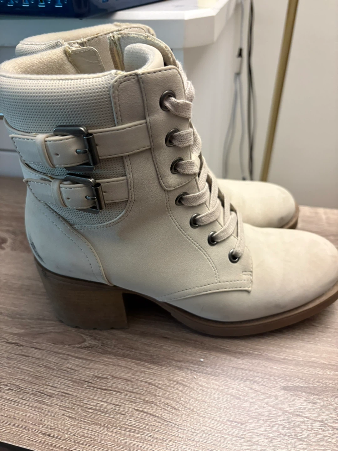 Cream Lace-Up Combat Boots with Buckles - photo 2