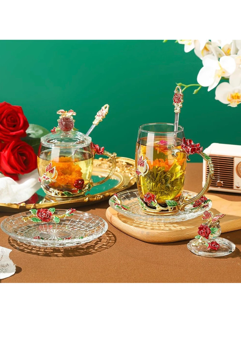 Fancy Glass Tea Cup with Lid Saucer - photo 5