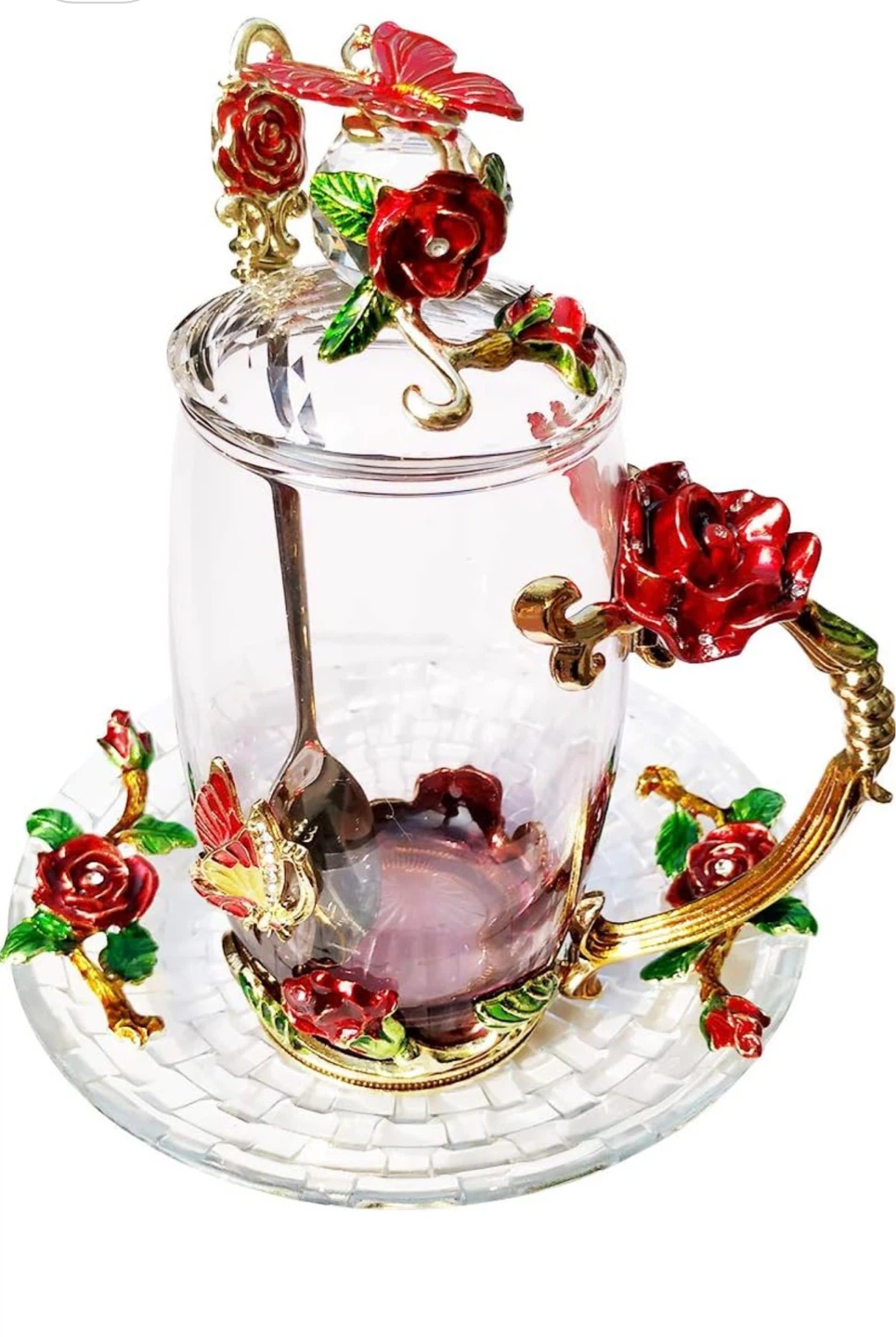 Fancy Glass Tea Cup with Lid Saucer
