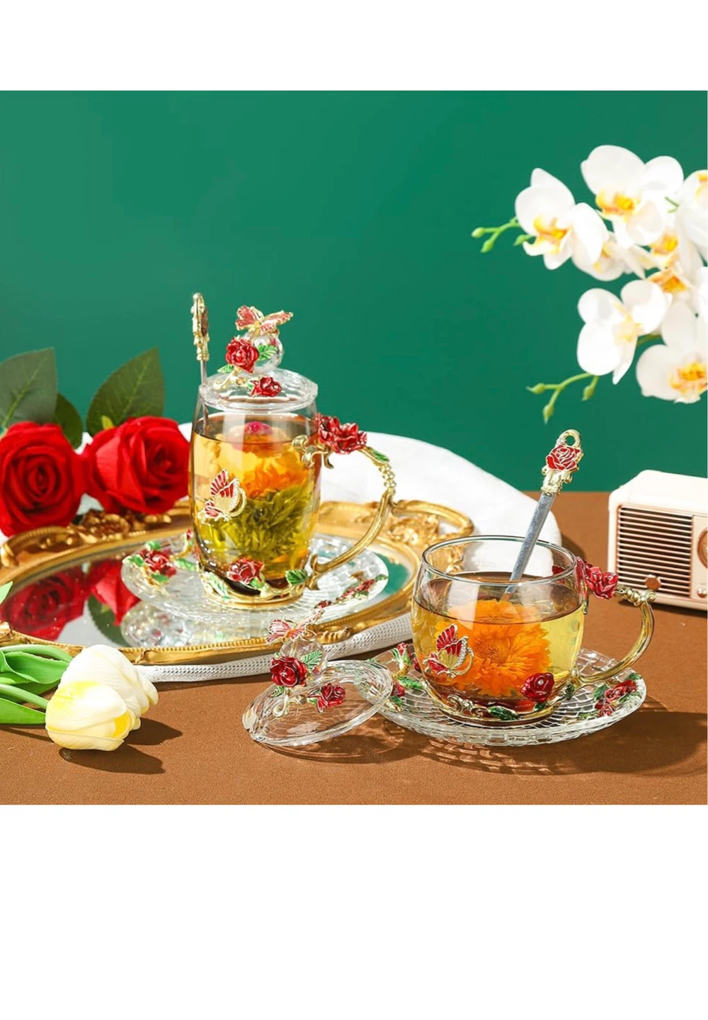 Fancy Glass Tea Cup with Lid Saucer - photo 3