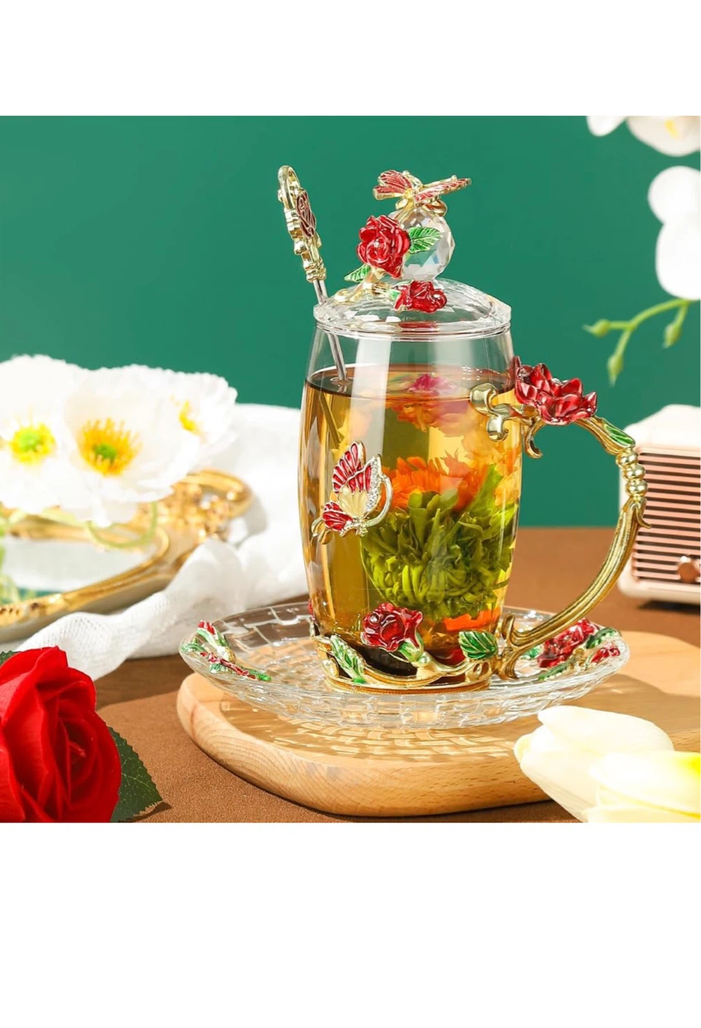 Fancy Glass Tea Cup with Lid Saucer - photo 2