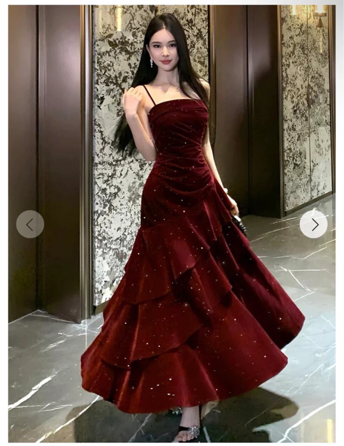 Sparkly Burgundy Velvet Tiered Gown