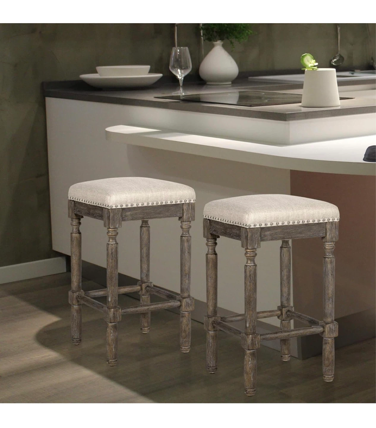 Set of 2 Rustic Wood Bar Stools with Upholstered Seat