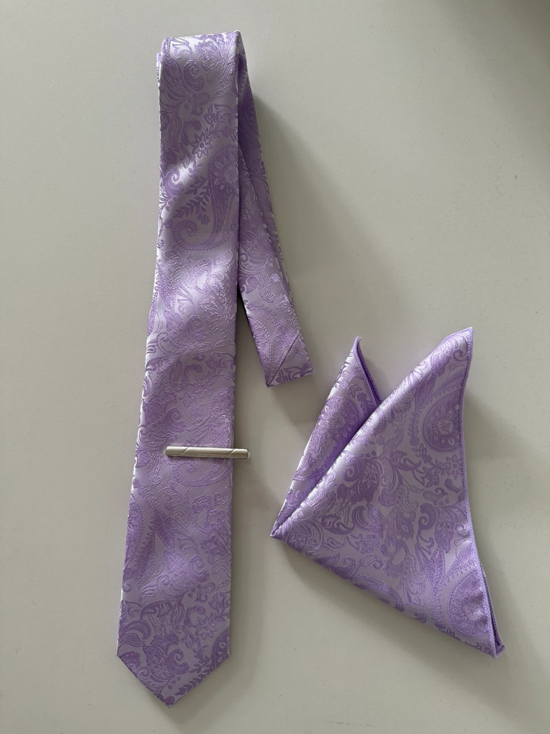 Lavender Paisley Silk Tie and Pocket Square Set with Tie Clip